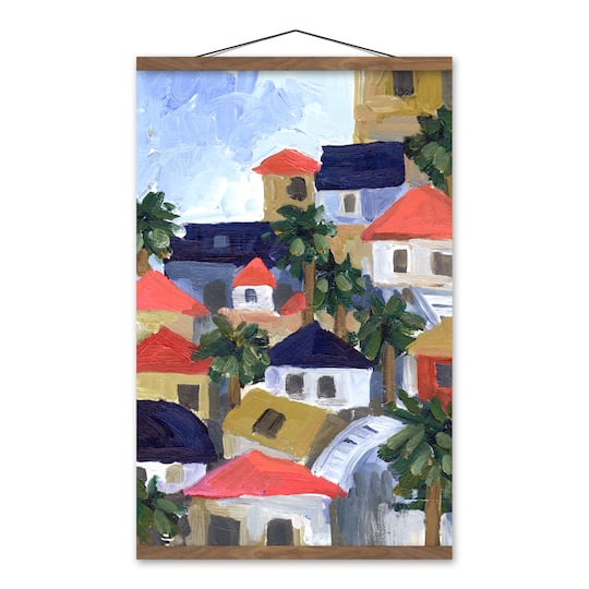Tropical Town Painting 16" x 24" Teak Hanging Canvas